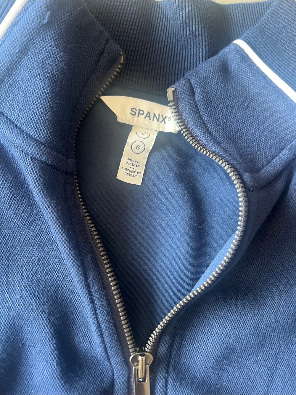 SPANX Navy Blue Zip Jacket and Skirt Set with White Piping